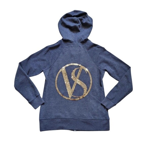 Victoria's Secret Hoodie Medium Gray Sequin Logo Angel Wing Full Zip Jacket Y2K - Picture 1 of 8